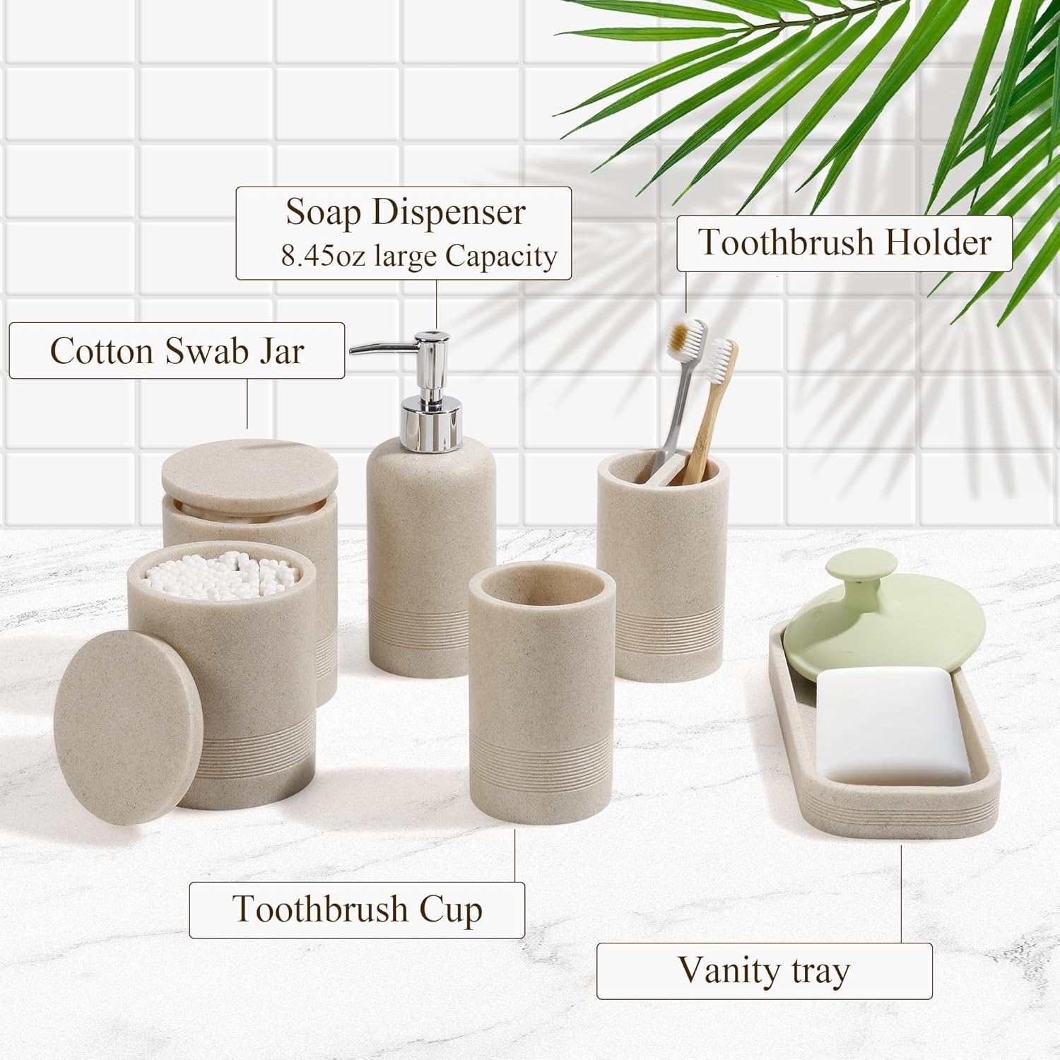 Modern Bathroom Accessory Set 6 Piece Beige