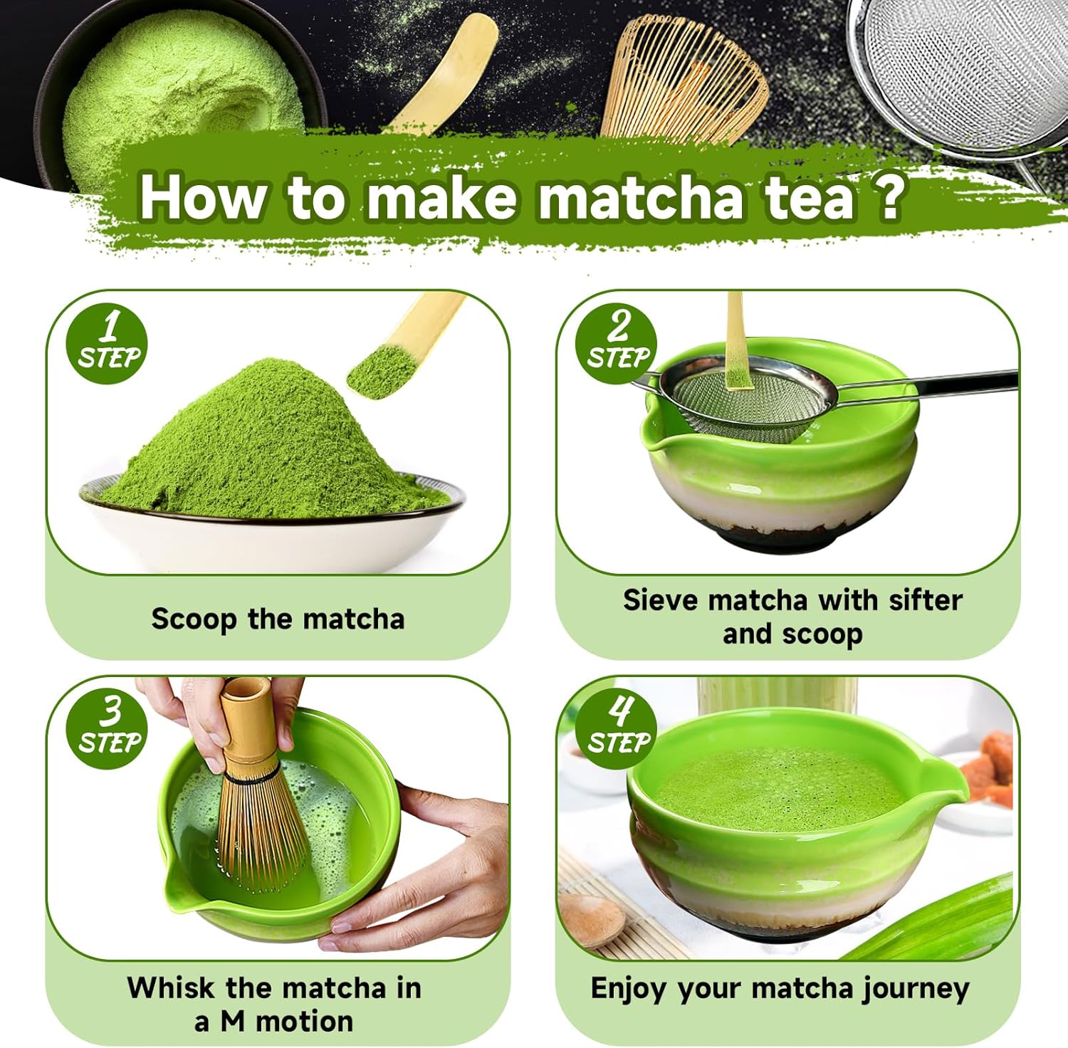 Japanese Matcha Set - Ceremony Tools with Bamboo Whisk Scoop Sifter Bowl Holder
