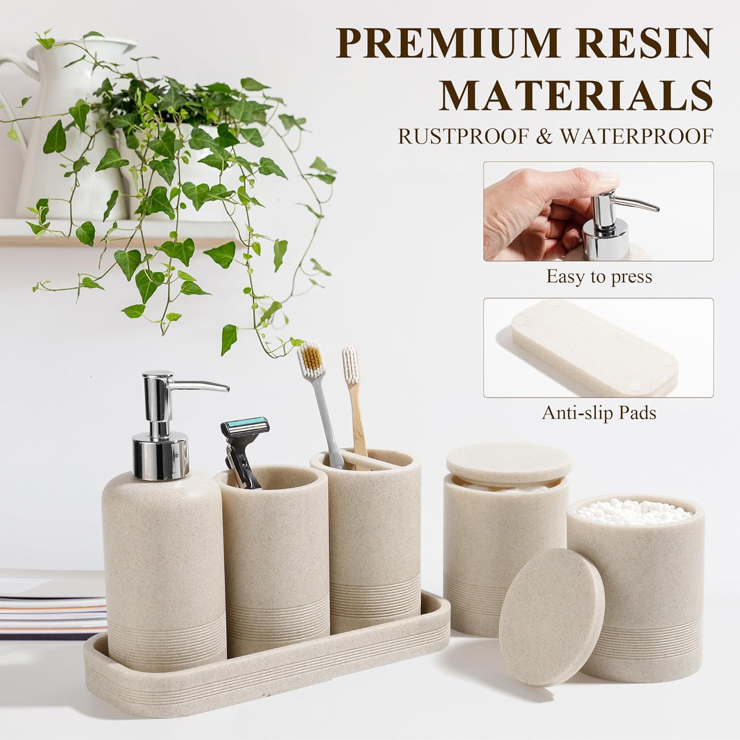 Modern Bathroom Accessory Set 6 Piece Beige