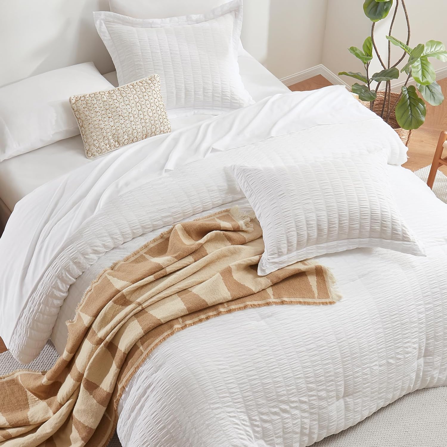 CozyLux Queen Comforter Set White Seersucker 7 Piece Bed in a Bag