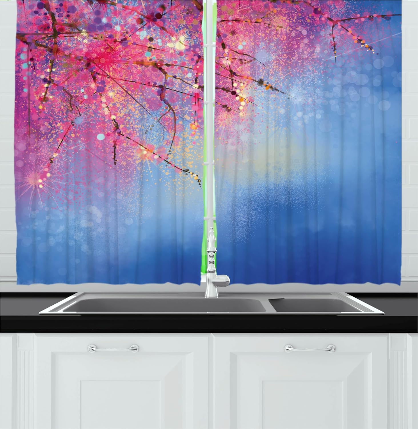 Ambesonne Flower Kitchen Curtains 2 Panel Set Blue Pink 55x30