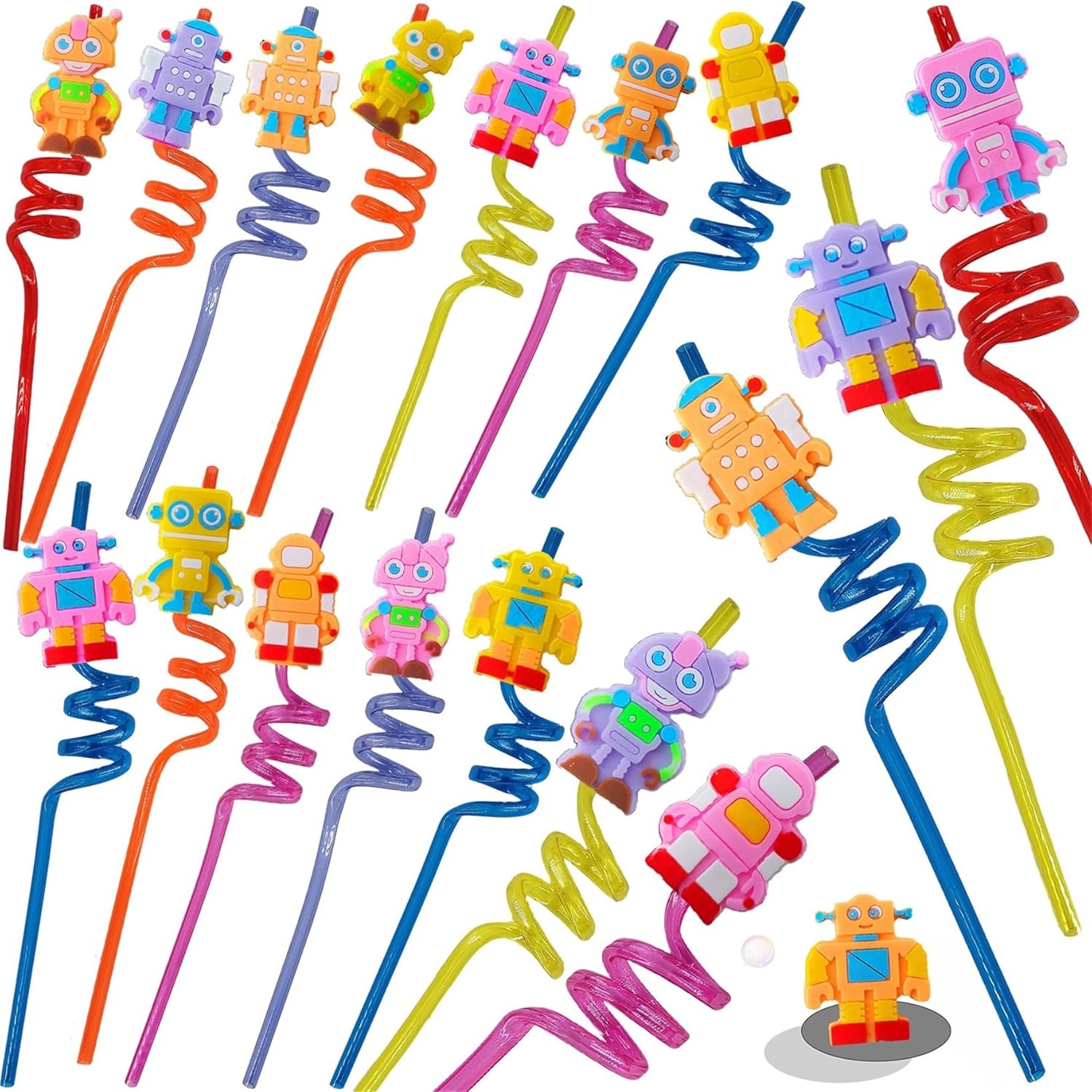 24-Pack Robot-Themed Reusable Plastic Straws for Birthday Party Favors