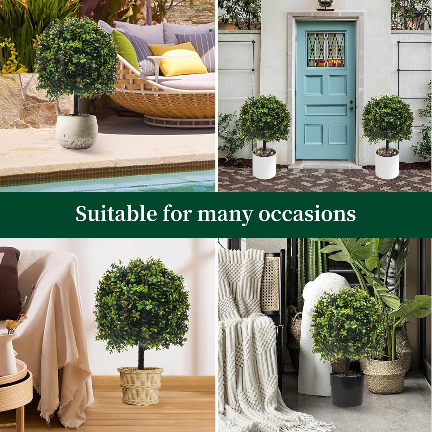 KUKKUME Artificial Boxwood Topiary with Reddish Fruit Set of 2