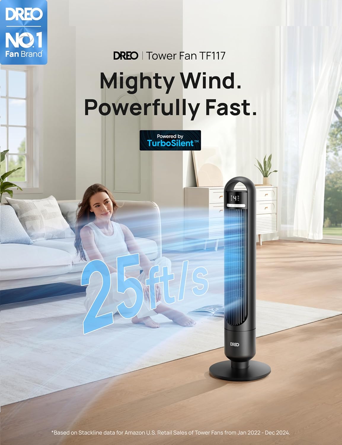 Dreo Tower Fan for Bedroom with 4 Speeds and 3 Modes
