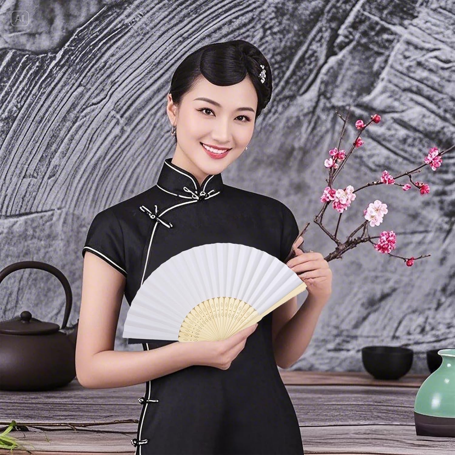 12 Pack 83 Inch White Folding Paper Hand Fan for Women