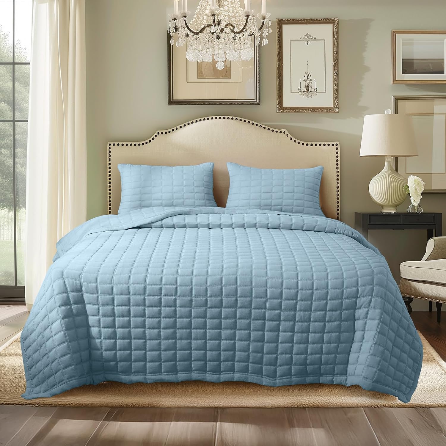 KASENTEX Quilt Set with Shams Ultra Soft Lightweight Stone-Washed Detailed Stitching