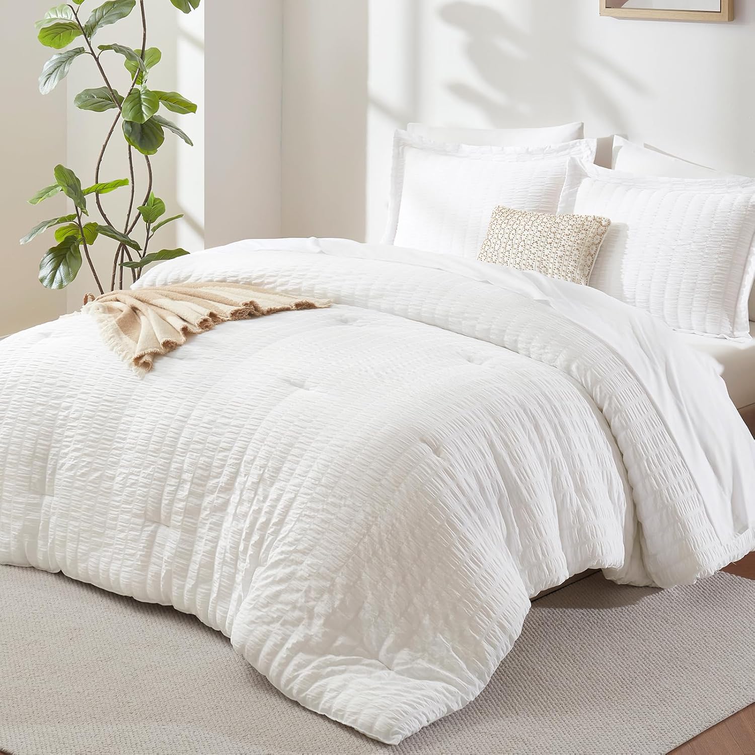CozyLux Queen Comforter Set White Seersucker 7 Piece Bed in a Bag