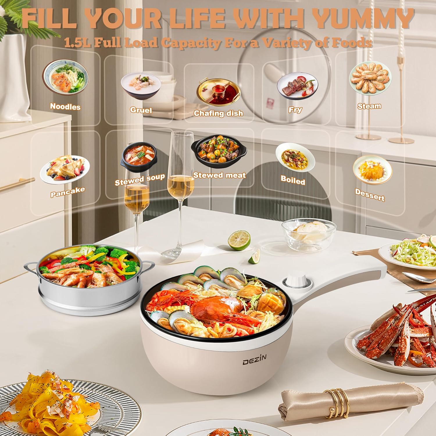 Dezin Hot Pot Electric with Steamer 15L Compact Cooker