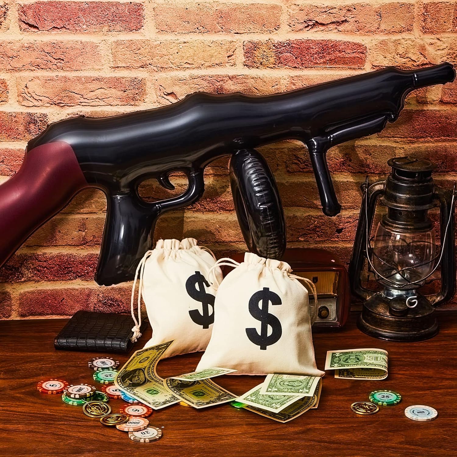Zhanmai 6 Pcs Inflatable Gun Props Money Bag Set