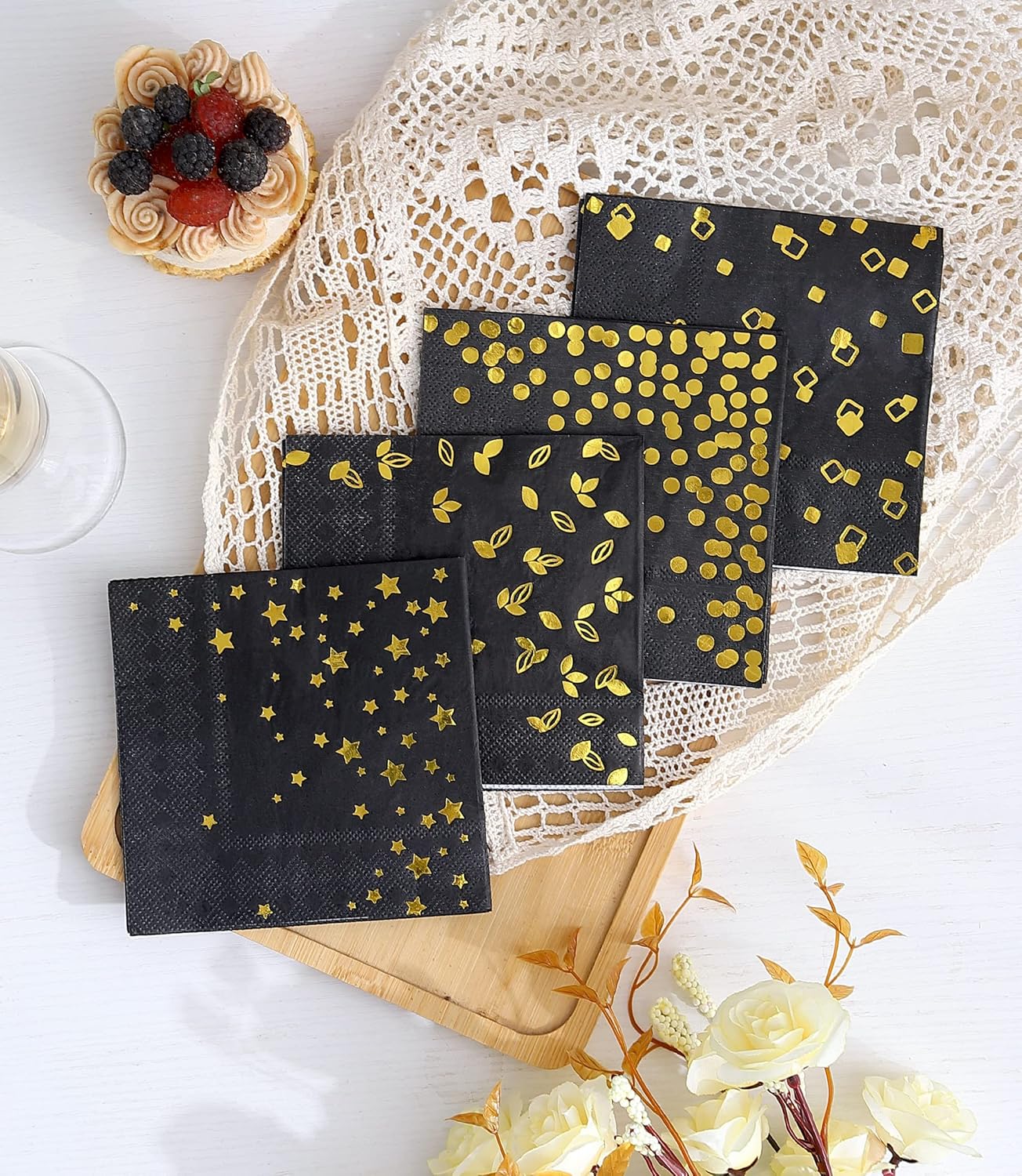 100 Pack Black Napkins with 4 Gold Designs