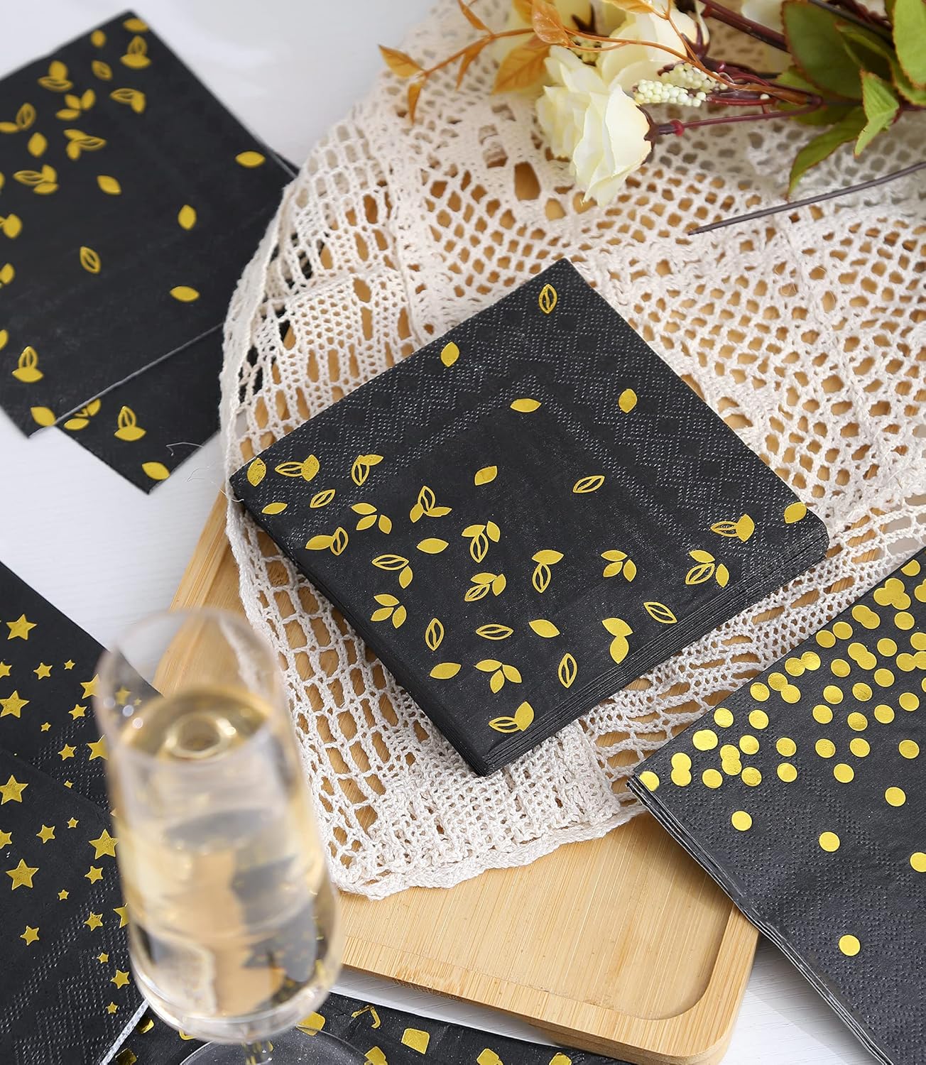 100 Pack Black Napkins with 4 Gold Designs