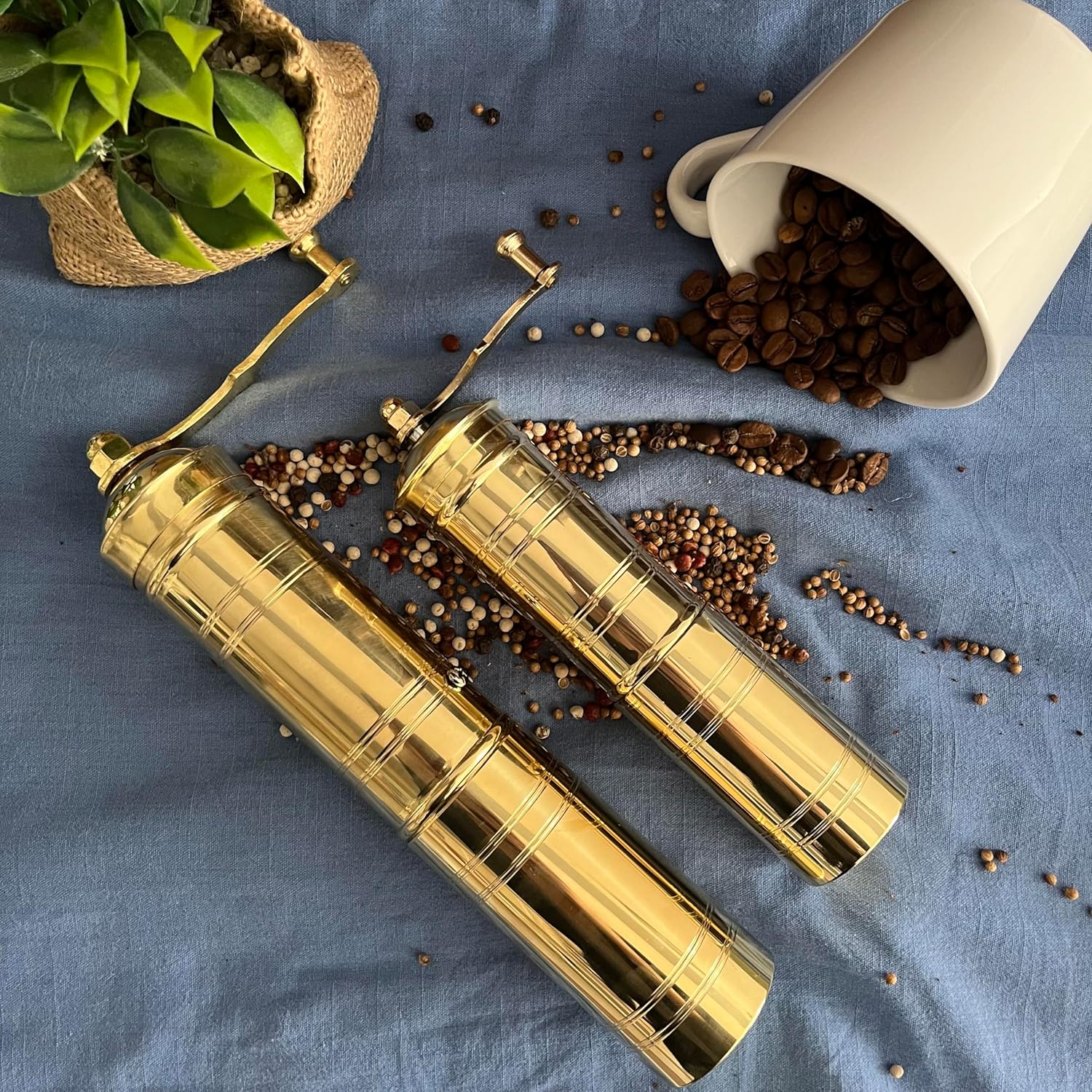 Set of Two Brass Manual Coffee Grinders with Handle