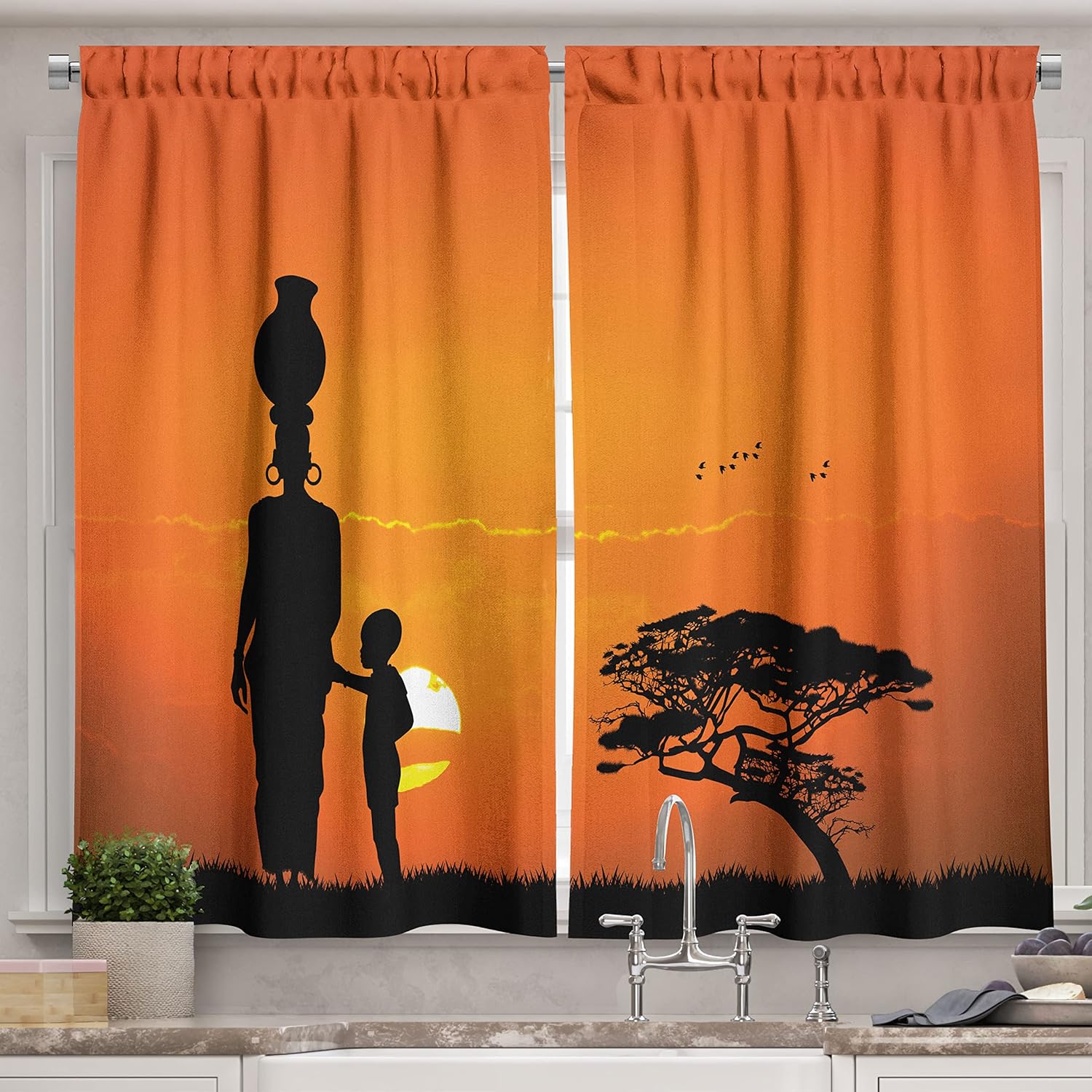 Ambesonne African Kitchen Curtains 2 Panel Set 55x39 Orange Black