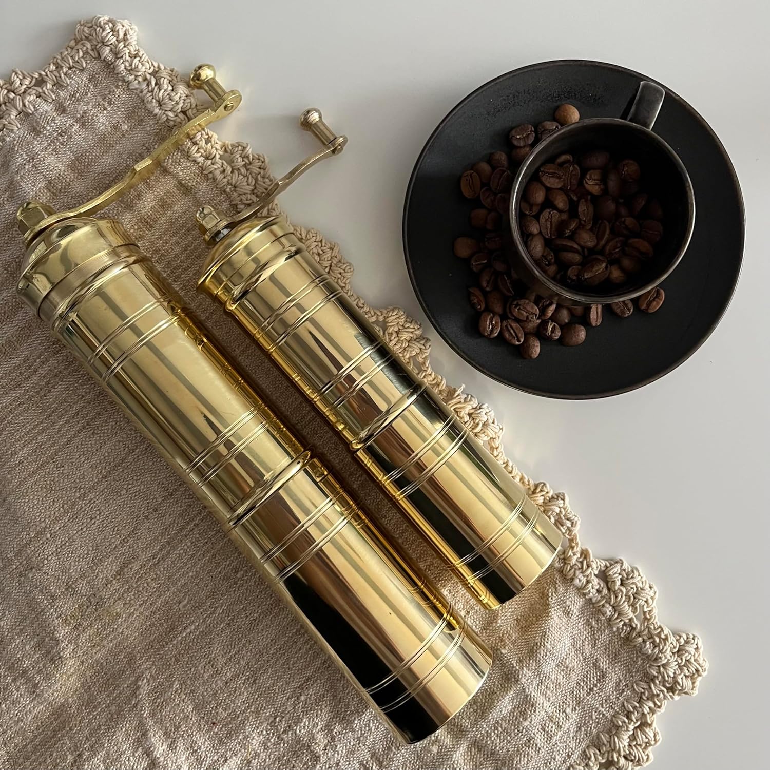 Set of Two Brass Manual Coffee Grinders with Handle