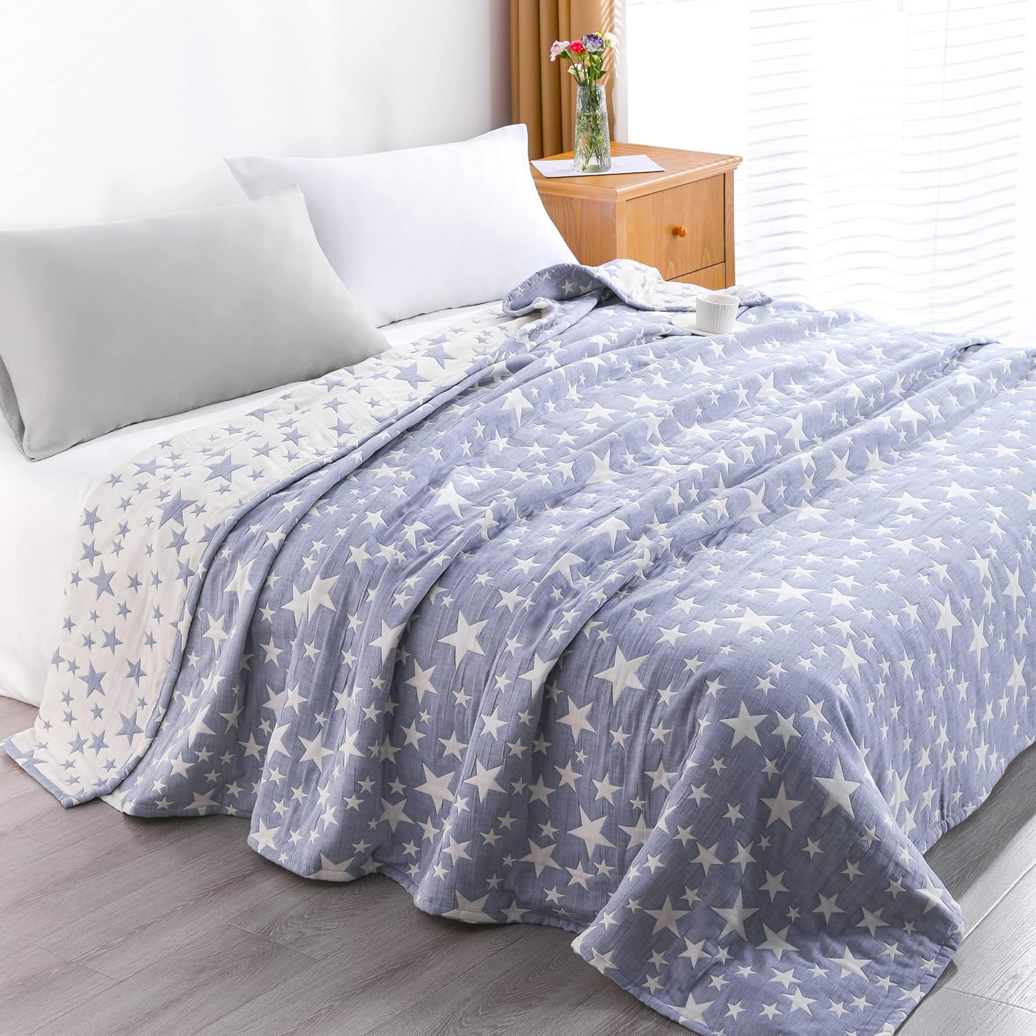 NTBAY 3 Layers Cotton Muslin Twin Blanket Blue Stars