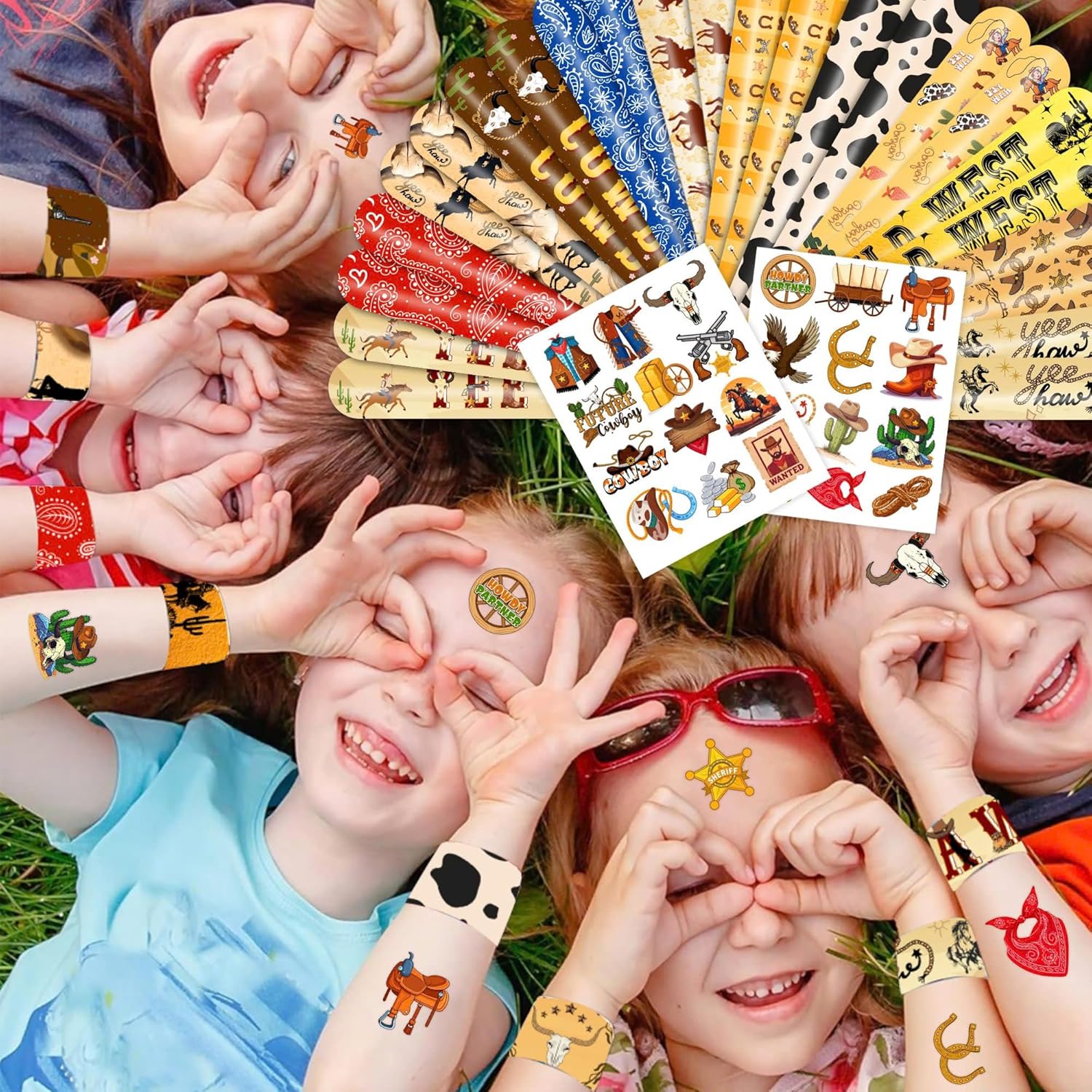 48PCS Cowboy Party Set with Slap Bracelets and Temporary Tattoos
