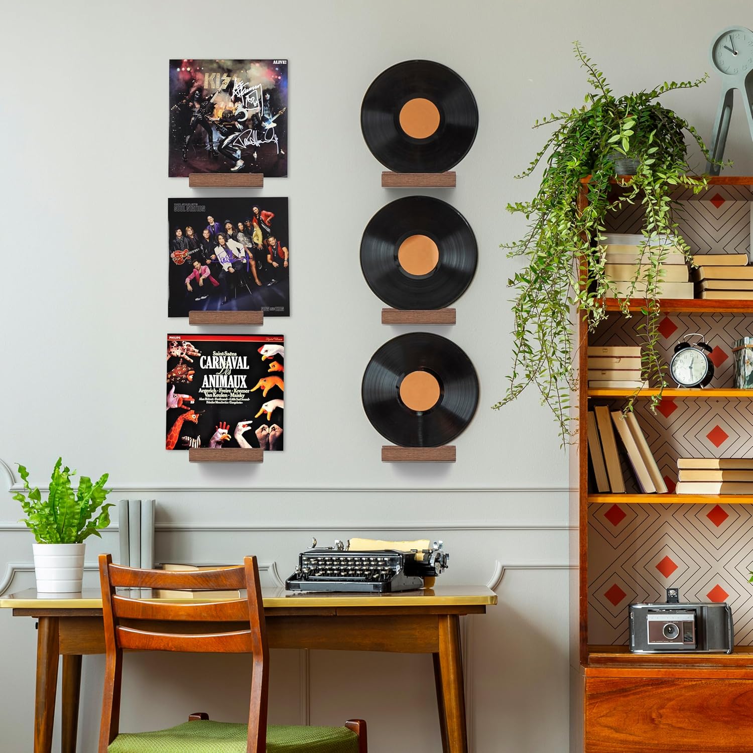 Wood Vinyl Record Shelf Wall Mount 6 Light Walnut