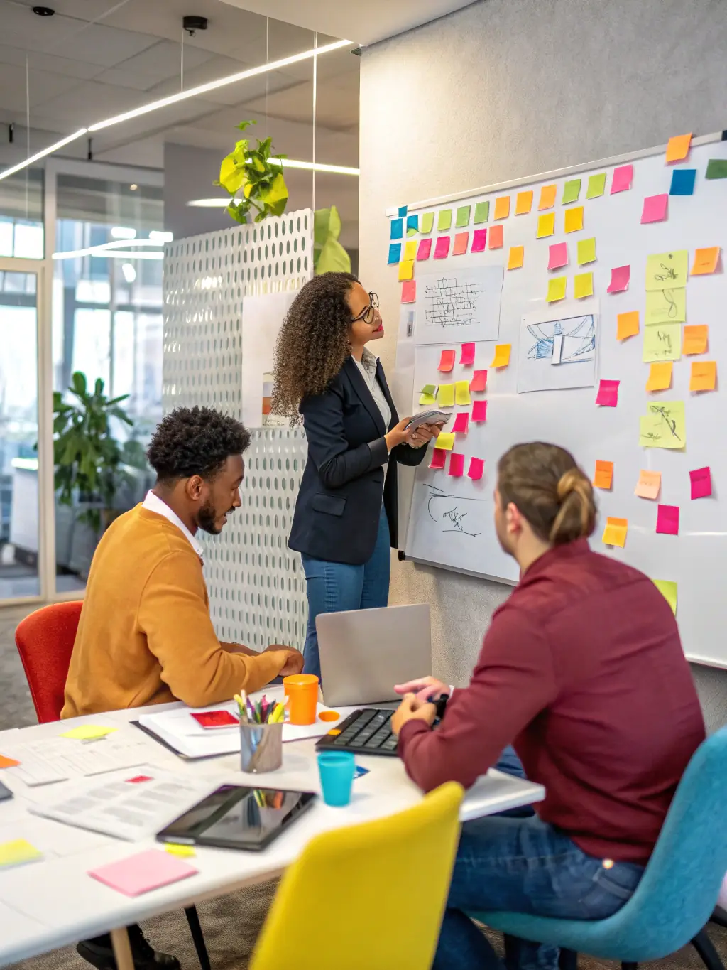 A team of consultants brainstorming around a table, with sticky notes and charts, representing strategic planning consulting services.
