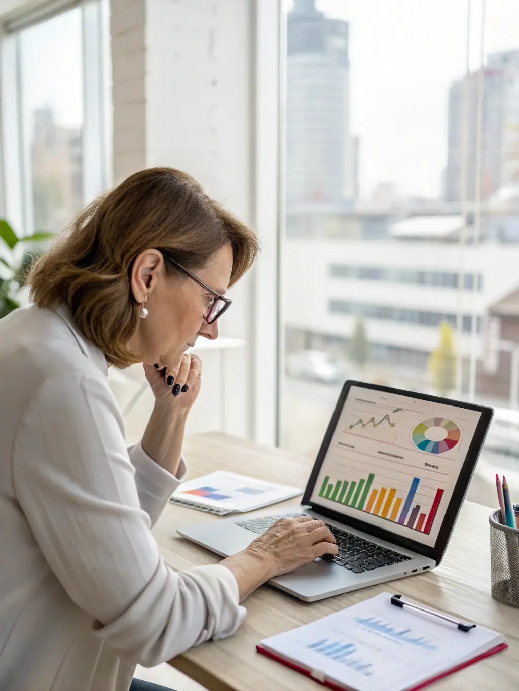 A consultant in a modern office setting, analyzing data on a large screen, representing data analytics consulting services.