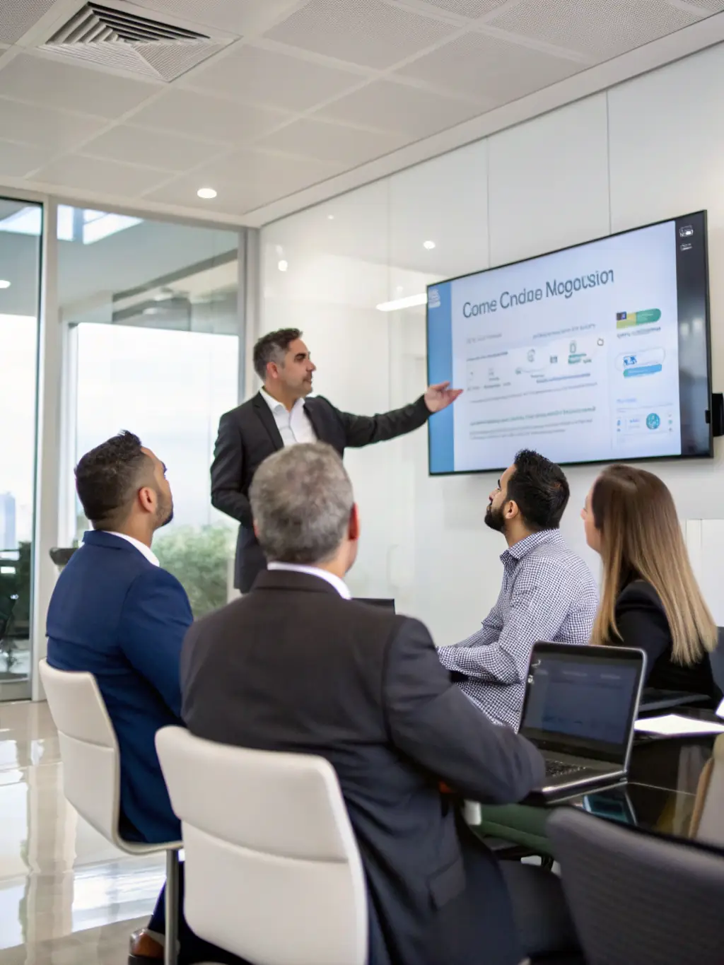 A consultant leading a workshop on cloud migration, demonstrating the benefits of cloud computing for scalability and cost efficiency.