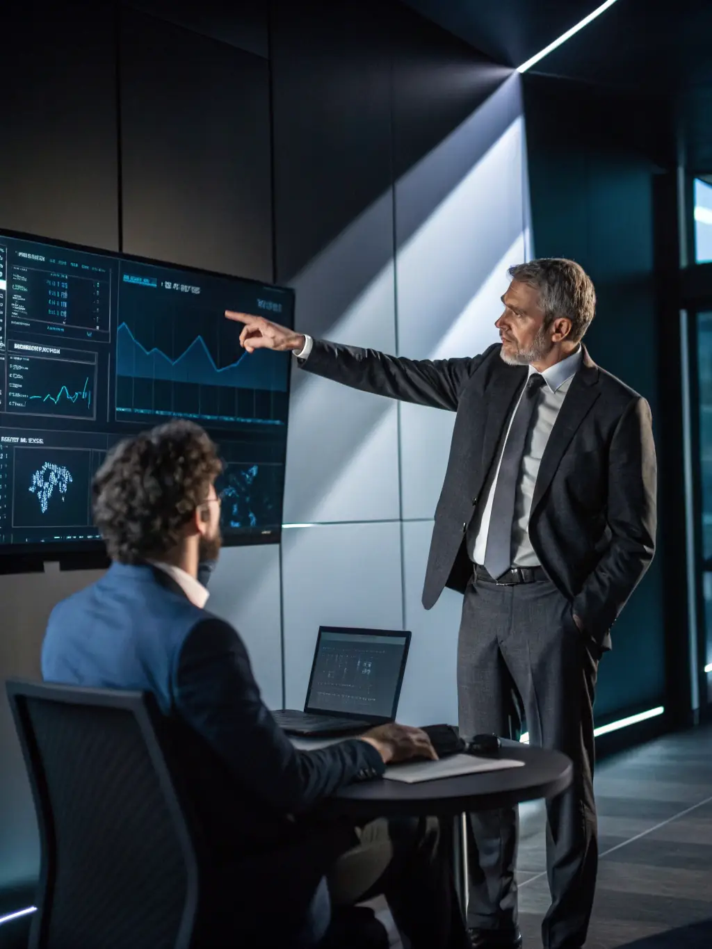 A consultant presenting a digital transformation roadmap to a client, highlighting key milestones and technological integrations.