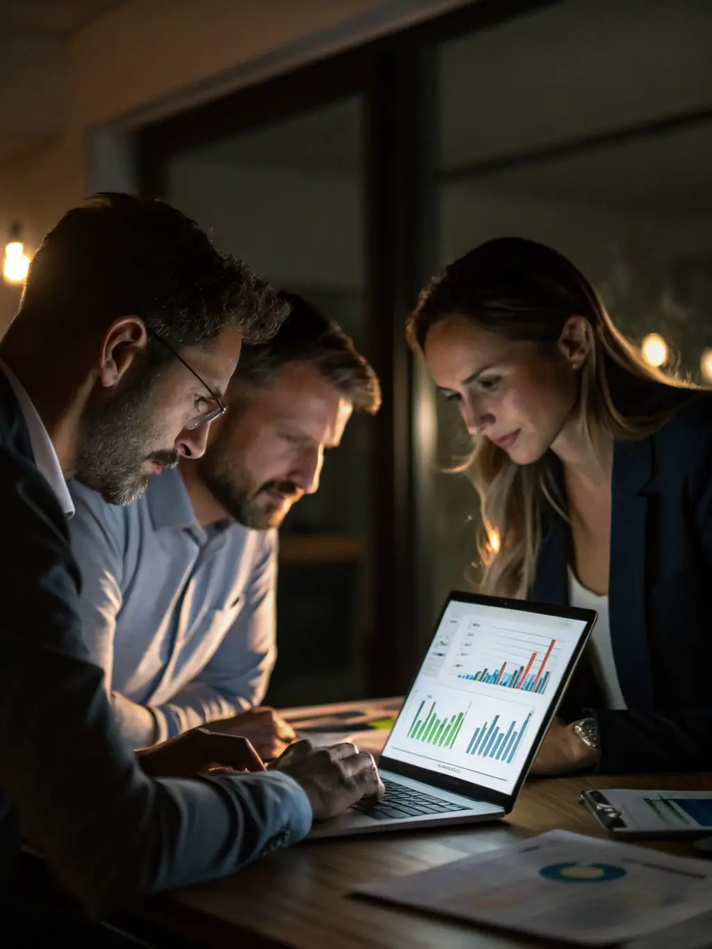 A team of consultants analyzing data analytics dashboards, identifying key insights and trends for business optimization.