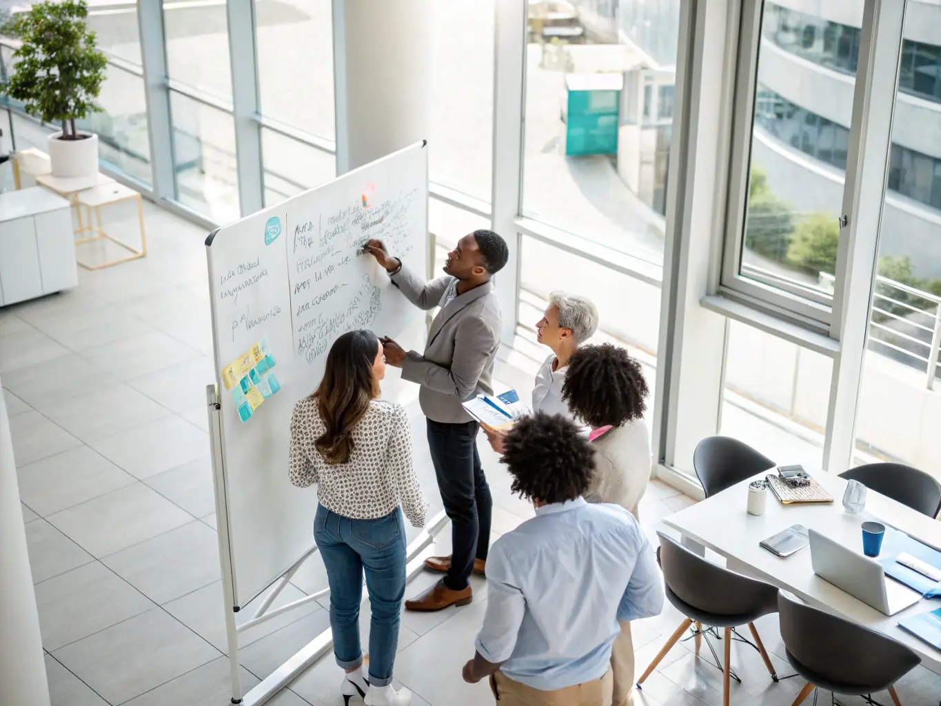 A diverse team of consultants collaborating around a table, reviewing documents and discussing strategies, with a whiteboard displaying project milestones in the background.