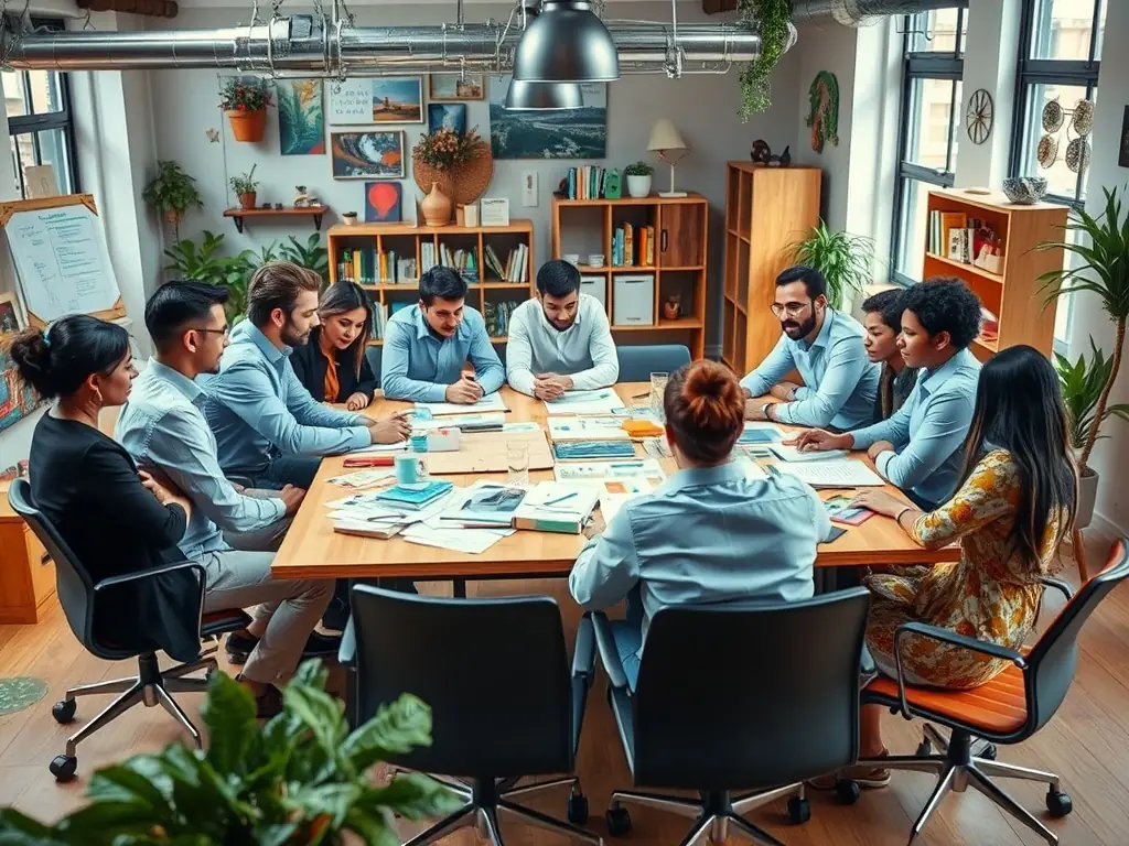 A photograph of a diverse team of TerraEdge consultants brainstorming in a modern office setting, emphasizing collaboration and strategic thinking.